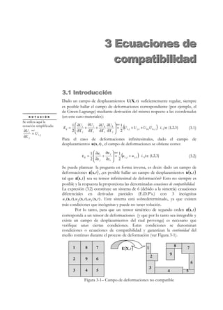 2 Descripción de la deformación

60

d 2 d
d
d
ds = (dx ⋅ dx ) = (dx ) ⋅ dx + dx ⋅ (dx ) =
dt
dt
dt
dt
 dx 
 dx 
= d   ⋅ dx + dx ⋅ d   = dv ⋅ dx + dx ⋅ dv
dt
dt


#!
#!
v
v

(2.95)

1
2

y utilizando las relaciones (2.90) ( dv = l ⋅ dx ) y (2.93) ( d = (l + l T ) ) se obtiene
de la ecuación (2.95):


d 2
ds = dx ⋅ lT ⋅ dx + dx ⋅ (l ⋅ dx ) = dx l T l ⋅ dx = 2dx ⋅ d ⋅ dx
#+
!
dt
 2d 



(

)

(2.96)

Considerando ahora la ecuación (2.20) ( ds 2 − dS 2 = 2 dX ⋅ E ⋅ dX ) derivándola
respecto al tiempo y teniendo en cuenta la ecuación (2.96):

(

)

d 2
d
ds (t ) =
ds 2 (t ) − dS 2 =
dt
dt
d
*
(2dX ⋅ E(X, t ) ⋅ dX ) = 2dX ⋅ dE ⋅ dX = 2dX ⋅ E ⋅ dX
dt
dt
$
*
E
2 dx ⋅ d ⋅ dx =

(2.97)

Sustituyendo ahora la ecuación (2.2) ( dx = F ⋅ dX ) en la (2.97) se obtiene:
N O T A

Se utiliza aquí el
siguiente teorema del
álgebra tensorial: dado
un tensor de segundo
orden A , si se verifica
que x ⋅ A ⋅ x = 0
para todo vector x ≠ 0
entonces A ≡ 0 .

[

]
]

T
*
dX ⋅ E ⋅ dX = dx ⋅ d ⋅ dx = [dx] [d ] ⋅ [dx] = dX ⋅ F T ⋅ d ⋅ F ⋅ dX
*
*
⇒ dX ⋅ F T ⋅ d ⋅ F − E ⋅ dX = 0 ∀dX ⇒ F T ⋅ d ⋅ F − E = 0 ⇒

[

]

[

(2.98)

*
E = FT ⋅ d ⋅ F
t + dt
t
x3, z

ds(t + dt )

t0
ds (t )

dS
Q

P′

P

e3
ˆ
e2
ˆ

Q′

x2, y

e1
ˆ
x1 , x

Figura 2-21

© Els autors, 2002; © Edicions UPC, 2002

P ′′

Q ′′

 