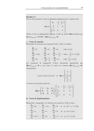3 Ecuaciones de
compatibilidad
3.1 Introducción

N O T A C I Ó N

Se utiliza aquí la
notación simplificada:
∂U i not
= U i, j
∂X j

Dado un campo de desplazamientos U( X, t ) suficientemente regular, siempre
es posible hallar el campo de deformaciones correspondiente (por ejemplo, el
de Green-Lagrange) mediante derivación del mismo respecto a las coordenadas
(en este caso materiales):
Eij =

1  ∂U i ∂U j ∂U k ∂U k  not 1
 = ( i, j + U j,i + U k ,iU k , j ) i, j ∈ {1,2,3}

U
+
+
2  ∂X j ∂X i ∂X i ∂X j  2



(3.1)

Para el caso de deformaciones infinitesimales, dado el campo de
desplazamientos u(x, t ) , el campo de deformaciones se obtiene como:
ε ij =

1  ∂u i ∂u j

+
2  ∂x j
∂x i


 not 1
 = u i, j + u j ,i
 2


(

)

i, j ∈ {1,2,3}

(3.2)

Se puede plantear la pregunta en forma inversa, es decir: dado un campo de
deformaciones ε(x, t ) , ¿es posible hallar un campo de desplazamientos u(x, t )
tal que ε(x, t ) sea su tensor infinitesimal de deformación? Esto no siempre es
posible y la respuesta la proporciona las denominadas ecuaciones de compatibilidad.
La expresión (3.2) constituye un sistema de 6 (debido a la simetría) ecuaciones
diferenciales en derivadas parciales (E.D.P’s.) con 3 incógnitas
u1 (x, t ), u 2 (x, t ), u 3 ( x, t ) . Este sistema está sobredeterminado, ya que existen
más condiciones que incógnitas y puede no tener solución.
Por lo tanto, para que un tensor simétrico de segundo orden ε(x, t )
corresponda a un tensor de deformaciones (y que por lo tanto sea integrable y
exista un campo de desplazamientos del cual provenga) es necesario que
verifique unas ciertas condiciones. Estas condiciones se denominan
condiciones o ecuaciones de compatibilidad y garantizan la continuidad del
medio continuo durante el proceso de deformación (ver Figura 3-1).
1

8

7

2

9

6

3

4

E(X, t )

5

8

1
2

7

9
6

3

4

Figura 3-1– Campo de deformaciones no compatible

© Els autors, 2002; © Edicions UPC, 2002

5

 