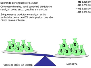 Sobrando por enquanto R$ 3.250 $ VOCÊ: O BOBO DA CORTE NOBREZA $ $ $ $ $ $ $ $ $ $ $ Com esse dinheiro, você comprará produtos e serviços, como arroz, gasolina e manicure R$ 5.000,00 - R$ 1.750,00 = R$ 3.250,00 Só que nesse produtos e serviços, estão embutidos cerca de 40% de impostos, que vão direto para a nobreza... - R$ 1.300,00 $ $ VOCÊ: O BOBO DA CORTE NOBREZA $ $ $ $ $ $ $ $ $ $ 