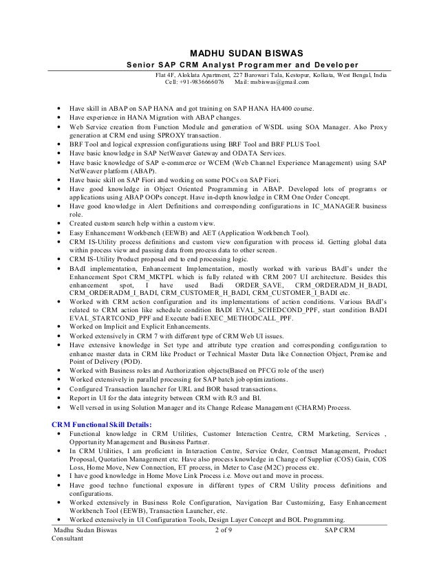 resume sap crm consultant madhusudan biswas 9 5yrs exp for sap crm a