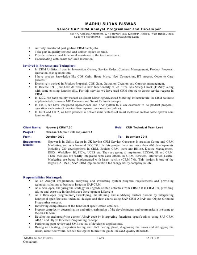 sap crm technical consultant resume resume sap crm consultant madhusudan biswas 9 5yrs exp for sap crm a u2026 sap crm technical consultant resume resume sap crm consultant madhusudan biswas 9 5yrs exp for sap crm a u2026