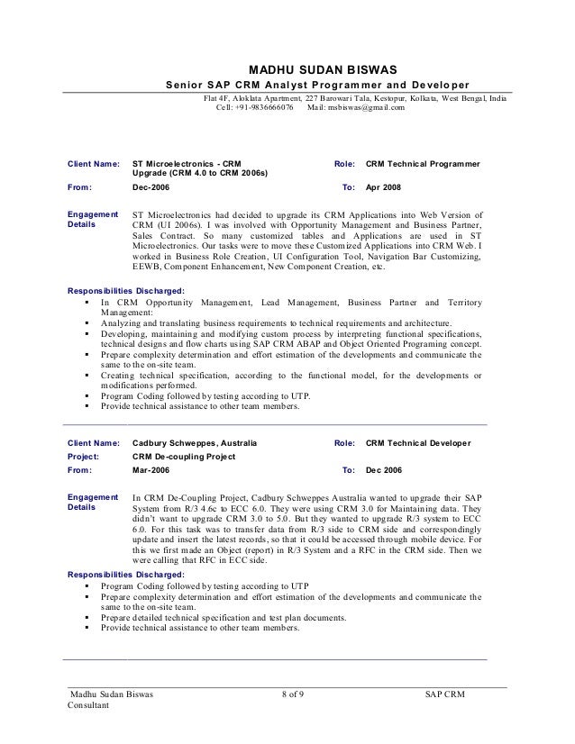 sap crm technical consultant resume resume sap crm consultant madhusudan biswas 9 5yrs exp for sap crm a u2026 sap crm technical consultant resume resume sap crm consultant madhusudan biswas 9 5yrs exp for sap crm a u2026