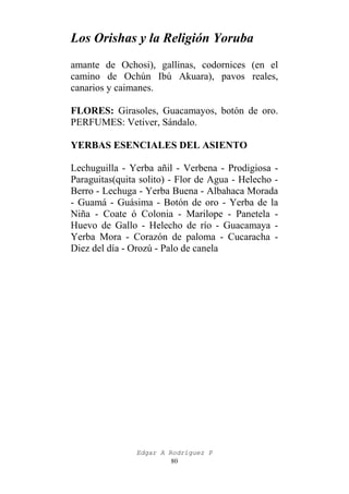 Los Orishas y la Religión Yoruba
amante de Ochosi), gallinas, codornices (en el
camino de Ochún Ibú Akuara), pavos reales,
canarios y caimanes.
FLORES: Girasoles, Guacamayos, botón de oro.
PERFUMES: Vetiver, Sándalo.
YERBAS ESENCIALES DEL ASIENTO
Lechuguilla - Yerba añil - Verbena - Prodigiosa Paraguitas(quita solito) - Flor de Agua - Helecho Berro - Lechuga - Yerba Buena - Albahaca Morada
- Guamá - Guásima - Botón de oro - Yerba de la
Niña - Coate ó Colonia - Marilope - Panetela Huevo de Gallo - Helecho de río - Guacamaya Yerba Mora - Corazón de paloma - Cucaracha Diez del día - Orozú - Palo de canela

Edgar A Rodríguez P
80

 