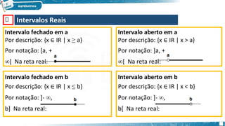 🡺 Intervalos Reais
Intervalo fechado em a
Por descrição: {x ∈ IR | x ≥ a}
Por notação: [a, +
∞[ Na reta real:
Intervalo aberto em a
Por descrição: {x ∈ IR | x > a}
Por notação: ]a, +
∞[ Na reta real:
Intervalo fechado em b
Por descrição: {x ∈ IR | x ≤ b}
Por notação: ]- ∞,
b] Na reta real:
Intervalo aberto em b
Por descrição: {x ∈ IR | x < b}
Por notação: ]- ∞,
b[ Na reta real:
 