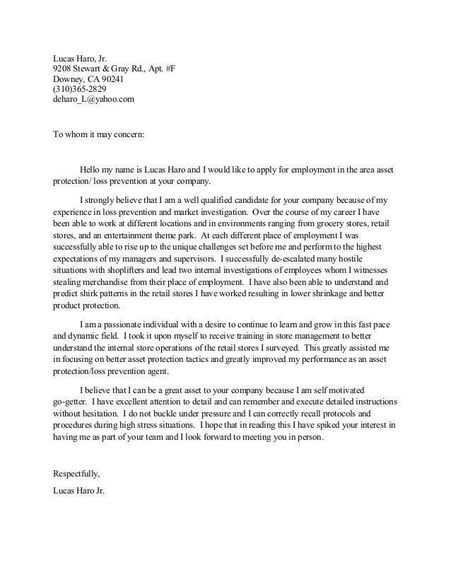 loss prevention cover letters
