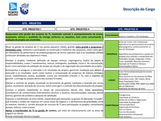 Descrição do Cargo
GTE. PROJETOS
GTE. PROJETOS I GTE. PROJETOS II GTE. PROJETOS III
ESCOLARIDADE
Superior Completo e Pós Graduação
EXPERIÊNCIA
Acima de 5 anos, com comprovada
experiência em gerenciamento de projetos
e/ou programas, preferencialmente na
área de Tecnologia
Experiência em planejamento e gestão de
projetos com controle e coordenação das
dimensões: Escopo, Integração, Tempo,
Custo, Qualidade, Recursos Humanos,
Aquisição de Produtos e Serviços,
Comunicações e Riscos.
CURSOS
Curso Técnico/Especialização em Gestão
de Projetos
Pleno domínio em ferramentas de Office
Automation como : MS Project, Word,
Excel, Powerpoint, Visio.
Certificações CAPM, PMP, PgMP e/ou MBA
são um diferencial.
Habilidade de liderança de time.
COMPETÊNCIAS
Protagonismo
Capacidade de Influência
Gestão de Conflitos e Negociação
Capacidade de Integração
Comunicação Eficaz
Organização & Processos
Foco no Cliente
Foco nos Resultados
Relacionamento Interpessoal
Visão Sistêmica
Responsável pela gestão dos projetos de TI, mantendo controle e acompanhamento de prazos,
orçamento, esforço e qualidade da entrega conforme os requisitos, bem como comunicando a
evolução do projeto aos envolvidos.
Atuar na gestão de projetos de TI nos portes pequeno, médio, grande, extra grande e programas /
demandas cross, mediante a participação na construção e melhorias dos processos, assim como gerir
os indicadores de performance do projeto/programa de forma a garantir que o os resultados obtidos
continuem alinhados aos objetivos e metas.
Planejar o projeto, mediante definição de equipe, esforço, organograma, matriz de papeis e
responsabilidades, custos / investimentos, marcos, entregaveis, qualidade, riscos e da comunicação,
assim como participar da validação do escopo da solução e da negociação das prioridades do projeto.
Acompanhar e assegurar a execução e os resultados do projeto, gerenciar mudanças que afetem a
execução e os resultados, assim como realizar a comunicação do progresso de marcos, entregas,
riscos, impedimentos, prazos, qualidade, custos aos envolvidos (clientes e TI), com o objetivo de
garantir a entrega do projeto dentro dos acordos firmados.
Manter o controle do projeto atualizado na ferramenta de gestão, mediante a inserção dos riscos,
prazos, orçamento, alocação de recursos, assim como gerir o controle das documentações do projeto.
Concluir o projeto respeitando os rituais de encerramento, dentre eles: lições aprendidas,
transferência de conhecimento (treinamentos técnicos e usuários, documentações, manuais, dentre
outros), garantia do produto e pesquisa de satisfação.
Suportar o coordenador da área cliente, responsável pela demanda, na gestão de demanda “cruzada”,
que envolve a análise de impactos em outras áreas de negócio e o alinhamento de prioridades entre
as mesmas, visando a correta alocação de recursos de TI para participação no projeto, consolidando
escopo, esforço, custo e prazo.
Apoiar o Coordenador de TI na gestão de carteira, por meio do relacionamento com as áreas de
negócio ou cliente.
Prestar orientação técnica à equipe.
 