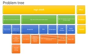 Problem tree
High MMR
High rates of nutritional deficiencies
Majority of women
below 18.5 BMI
Majority of all &
pregnant women
suffering from IDA
Lower
percentage of
women
receiving IAF
Poor ANC
service
coverage
High rates of PPH/ preventable deaths
Anaemia
High risk pregnancy undiagnosed/
ill-considered
Absence/
negligence of
qualified
staff/Poor
referral
Poor logistics
PIH Eclampsia
High rates deaths of mothers below
25 years of age
Low
literacy
Lack of
awareness
Early
marriage
Poor SES
Effect
Problem
Causes
 