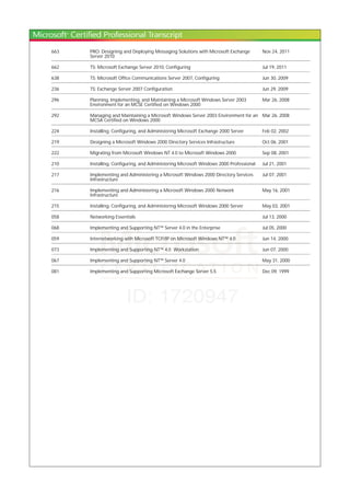 663 PRO: Designing and Deploying Messaging Solutions with Microsoft Exchange
Server 2010
Nov 24, 2011
662 TS: Microsoft Exchange Server 2010, Configuring Jul 19, 2011
638 TS: Microsoft Office Communications Server 2007, Configuring Jun 30, 2009
236 TS: Exchange Server 2007 Configuration Jun 29, 2009
296 Planning, Implementing, and Maintaining a Microsoft Windows Server 2003
Environment for an MCSE Certified on Windows 2000
Mar 26, 2008
292 Managing and Maintaining a Microsoft Windows Server 2003 Environment for an
MCSA Certified on Windows 2000
Mar 26, 2008
224 Installing, Configuring, and Administering Microsoft Exchange 2000 Server Feb 02, 2002
219 Designing a Microsoft Windows 2000 Directory Services Infrastructure Oct 06, 2001
222 Migrating from Microsoft Windows NT 4.0 to Microsoft Windows 2000 Sep 08, 2001
210 Installing, Configuring, and Administering Microsoft Windows 2000 Professional Jul 21, 2001
217 Implementing and Administering a Microsoft Windows 2000 Directory Services
Infrastructure
Jul 07, 2001
216 Implementing and Administering a Microsoft Windows 2000 Network
Infrastructure
May 16, 2001
215 Installing, Configuring, and Administering Microsoft Windows 2000 Server May 03, 2001
058 Networking Essentials Jul 13, 2000
068 Implementing and Supporting NT™ Server 4.0 in the Enterprise Jul 05, 2000
059 Internetworking with Microsoft TCP/IP on Microsoft Windows NT™ 4.0 Jun 14, 2000
073 Implementing and Supporting NT™ 4.0 Workstation Jun 07, 2000
067 Implementing and Supporting NT™ Server 4.0 May 31, 2000
081 Implementing and Supporting Microsoft Exchange Server 5.5 Dec 09, 1999
 