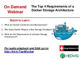 The Top 4 Requirements of a
Docker Storage Architecture
Watch to Learn:
1. What are Docker Containers and Microservices?
2. Why Does Docker Require a New Storage Paradigm?
3. What are the Requirements of a Docker Storage
Infrastructure?
On Demand
Webinar
For audio playback and Q&A go to:
http://bit.ly/Top4Docker
 