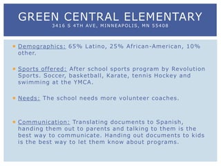  Demographics: 65% Latino, 25% African-American, 10%
other.
 Sports offered: After school sports program by Revolution
Sports. Soccer, basketball, Karate, tennis Hockey and
swimming at the YMCA.
 Needs: The school needs more volunteer coaches.
 Communication: Translating documents to Spanish,
handing them out to parents and talking to them is the
best way to communicate. Handing out documents to kids
is the best way to let them know about programs.
GREEN CENTRAL ELEMENTARY
3416 S 4TH AVE, MINNEAPOLIS, MN 55408
 