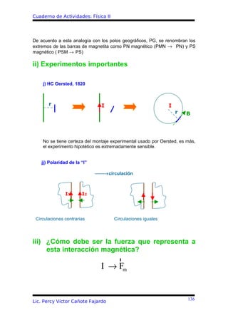Cuaderno de Actividades: Física II




De acuerdo a esta analogía con los polos geográficos, PG, se renombran los
extremos de las barras de magnetita como PN magnético (PMN → PN) y PS
magnético ( PSM → PS)

ii) Experimentos importantes

    j) HC Oersted, 1820



       r                        I                             I
                                                                  r   B




    No se tiene certeza del montaje experimental usado por Oersted, es más,
    el experimento hipotético es extremadamente sensible.


    jj) Polaridad de la “I”

                              → circulación



                I1      I2




 Circulaciones contrarias            Circulaciones iguales




iii) ¿Cómo debe ser la fuerza que representa a
     esta interacción magnética?
                                    r
                                I → Fm


                                                                       136
Lic. Percy Víctor Cañote Fajardo
 