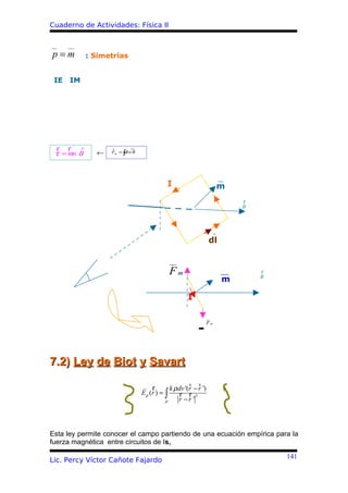 Cuaderno de Actividades: Física II

__    __
p=m            : Simetrías


 IE   IM




  r   r    r         r        rr
 τ =m B
     ×           ←        ∫
                     Fm = Idl× B




                                               I                         m
                                                                              r
                                                                              B




                                                                     dl

                                                __
                                               Fm                                 r
                                                                                  B
                                                                          m

                                                        I

                                                                    __
                                                                    Fm
                                                             -

7.2) Ley de Biot y Savart
                                                         r r
                                   __
                                        r       k ρ dv '(r − r ')
                                   E ρ (r ) = ∫     r r 3
                                              ρ     r −r '




Esta ley permite conocer el campo partiendo de una ecuación empírica para la
fuerza magnética entre circuitos de Is,

                                                                                      141
Lic. Percy Víctor Cañote Fajardo
 