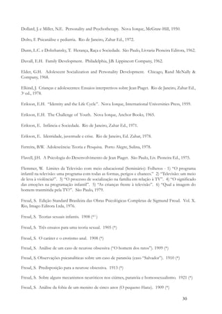 30
Dollard, J. e Miller, N.E. Personality and Psychotherapy. Nova Iorque, McGraw-Hill, 1950.
Dolto, F. Psicanálise e pediatria. Rio de Janeiro, Zahar Ed., 1972.
Dunn, L.C. e Dobzhansky, T. Herança, Raça e Sociedade. São Paulo, Livraria Pioneira Editora, 1962.
Duvall, E.H. Family Development. Philadelphia, J.B. Lippincott Company, 1962.
Elder, G.H. Adolescent Socialization and Personality Development. Chicago, Rand McNally &
Company, 1968.
Elkind, J. Crianças e adolescentes: Ensaios interpretivos sobre Jean Piaget. Rio de Janeiro, Zahar Ed.,
3a
ed., 1978.
Erikson, E.H. “Identity and the Life Cycle”. Nova Iorque, International Universities Press, 1959.
Erikson, E.H. The Challenge of Youth. Nova Iorque, Anchor Books, 1965.
Erikson, E. Infância e Sociedade. Rio de Janeiro, Zahar Ed., 1971.
Erikson, E. Identidade, juventude e crise. Rio de Janeiro, Ed. Zahar, 1978.
Ferreira, B.W. Adolescência: Teoria e Pesquisa. Porto Alegre, Sulina, 1978.
Flavell, J.H. A Psicologia do Desenvolvimento de Jean Piaget. São Paulo, Liv. Pioneira Ed., 1975.
Flemmer, W. Limites da Televisão com meio educacional (Seminário): Folhetos - 1) “O programa
infantil na televisão: uma programa com todas as formas, perigos e chances.” 2) “Televisão: um meio
de leva à violência?”. 3) “O processo de socialização na família em relação à TV”. 4) “O significado
das emoções na programação infantil”. 5) “As crianças frente à televisão”. 6) “Qual a imagem do
homem tranmitida pela TV?”. São Paulo, 1979.
Freud, S. Edição Standard Brasileira das Obras Psicológicas Completas de Sigmund Freud. Vol. X.
Rio, Imago Editora Ltda, 1976.
Freud, S. Teorias sexuais infantis. 1908 (*1
)
Freud, S. Três ensaios para uma teoria sexual. 1905 (*)
Freud, S. O caráter e o erotismo anal. 1908 (*)
Freud, S. Análise de um caso de neurose obsessiva (“O homem dos ratos”). 1909 (*)
Freud, S. Observações psicanalíticas sobre um caso de paranóia (caso “Salvador”). 1910 (*)
Freud, S. Predisposição para a neurose obsessiva. 1913 (*)
Freud, S. Sobre alguns mecanismos neuróticos nos ciúmes, paranóia e homossexualismo. 1921 (*)
Freud, S. Análise da fobia de um menino de cinco anos (O pequeno Hanz). 1909 (*)
 
