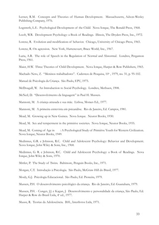 33
Lerner, R.M. Concepts and Theories of Human Development. Massachusetts, Adson-Wesley
Publishing Company, 1976.
Logstreth, L.E. Psychological Development of the Child. Nova Iorque, The Ronald Press, 1968.
Looft, W.R. Development Psychology: a Book of Readings. Illinois, The Dryden Press, Inc., 1972.
Lorenz, R. Evolution and modification of behavior. Chicago, University of Chicago Press, 1965.
Lorenz, R. On agression. New York, Hartencourt, Brace World, Inc., 1967.
Luria, A.R. The role of Speech in the Regulation of Normal and Abnormal. Londres, Pergamon
Press, 1961.
Maier, H.W. Three Theories of Child Development. Nova Iorque, Harper & Row Publishers, 1965.
Machado Neto, Z. “Meninos trabalhadores”. Cadernos de Pesquisa, 10o
, 1979, no. 31, p. 95-102.
Manual de Psicologia da Criança. São Paulo, EPU, 1975.
McDougall, W. An Introduction to Social Psychology. Londres, Methuen, 1908.
McNeil, D. “Desenvolvimento da linguagem” in Paul H. Mussen.
Mannoni, M. A criança atrasada e sua mãe. Lisboa, Moraes Ed., 1977.
Mannoni, M. A primeira entrevista em psicanálise. Rio de Janeiro, Ed. Campos, 1981.
Mead, M. Growing up in New Guinea. Nova Iorque. Neutor Books, 1930.
Mead, M. Sex and temperment in the primitive societies. Nova Iorque, Neutor Books, 1935.
Mead, M. Coming of Age in : A Psychological Study of Primitive Youth for Western Civilization.
Nova Iorque, Neutor Books, 1949.
Medinnus, G.R. e Johnson, R.C. Child and Adolescent Psychology: Behavior and Development.
Nova Iorque, John Wiley & Sons, Inc., 1968.
Medinnus, G. R. e Johnson, R.C. Child and Adolescent Psychology: a Book of Readings. Nova
Iorque, John Wiley & Sons, 1970.
Mittler, P. The Study of Twins. Baltimore, Penguin Books, Inc., 1971.
Morgan, C.T. Introdução à Psicologia. São Paulo, McGraw-Hill do Brasil, 1977.
Mouly, G.J. Psicologia Educacional. São Paulo, Ed. Pioneira, 1979.
Mussen, P.H. O desenvolvimento psicológico da criança. Rio de Janeiro, Ed. Guanabara, 1979.
Mussen, P.H. - Conger, J.J. e Kagan, J. Desenvolvimento e personalidade da criança, São Paulo, Ed.
Harper & Row do Brasil Ltda, 4a
ed., 1977.
Muuss, R. Teorias da Adolescência. B.H., Interlivros Ltda, 1971.
 