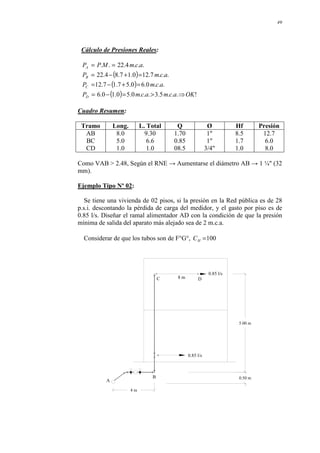 49
Cálculo de Presiones Reales:
( )
( )
( ) !
.
.
.
5
.
3
.
.
.
0
.
5
0
.
1
0
.
6
.
.
.
0
.
6
0
.
5
7
.
1
7
.
12
.
.
.
7
.
12
0
.
1
7
.
8
4
.
22
.
.
.
4
.
22
.
.
OK
a
c
m
a
c
m
P
a
c
m
P
a
c
m
P
a
c
m
M
P
P
D
C
B
A
⇒
>
=
−
=
=
+
−
=
=
+
−
=
=
=
Cuadro Resumen:
Tramo Long. L. Total Q Ø Hf Presión
AB
BC
CD
8.0
5.0
1.0
9.30
6.6
1.0
1.70
0.85
08.5
1"
1"
3/4"
8.5
1.7
1.0
12.7
6.0
8.0
Como VAB > 2.48, Según el RNE → Aumentarse el diámetro AB → 1 ¼" (32
mm).
Ejemplo Tipo Nº 02:
Se tiene una vivienda de 02 pisos, si la presión en la Red pública es de 28
p.s.i. descontando la pérdida de carga del medidor, y el gasto por piso es de
0.85 l/s. Diseñar el ramal alimentador AD con la condición de que la presión
mínima de salida del aparato más alejado sea de 2 m.c.a.
Considerar de que los tubos son de F°G°, 100
=
H
C
0.85 l/s
0.85 l/s
D
C
0.50 m
B
A
4 m
8 m
5.00 m
 