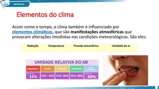 Elementos do clima
Assim como o tempo, o clima também é influenciado por 
elementos climáticos, que são manifestações atmosféricas que
provocam alterações imediatas nas condições meteorológicas. São eles:
Radiação Temperatura Pressão atmosférica Umidade do ar
 