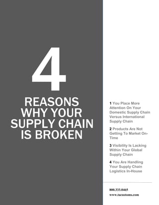REASONS
WHY YOUR
SUPPLY CHAIN
IS BROKEN
1 You Place More
Attention On Your
Domestic Supply Chain
Versus International
Supply Chain
2 Products Are Not
Getting To Market On-
Time
3 Visibility Is Lacking
Within Your Global
Supply Chain
4 You Are Handling
Your Supply Chain
Logistics In-House
4
800.333.0465
www.tacustoms.com
 