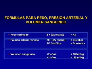 FORMULAS PARA PESO, PRESION ARTERIAL Y
VOLUMEN SANGUINEO
 Peso estimado 8 + (2x (edad)) = Kg
 Presión arterial mínima 70 + (2x (edad)) = Sistólica
2/3 Sistólica = Diastólica
 Volumen sanguíneo <2 años = 100ml/kg
>2 años = 80 ml/kg
 