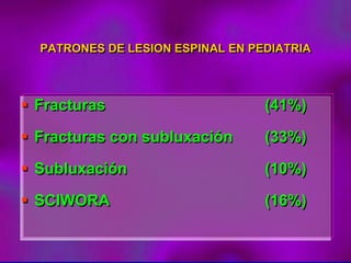 PATRONES DE LESION ESPINAL EN PEDIATRIA
 Fracturas (41%)
 Fracturas con subluxación (33%)
 Subluxación (10%)
 SCIWORA (16%)
 