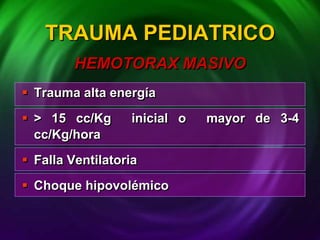  Trauma alta energía
 > 15 cc/Kg inicial o mayor de 3-4
cc/Kg/hora
 Falla Ventilatoria
 Choque hipovolémico
TRAUMA PEDIATRICO
HEMOTORAX MASIVO
 