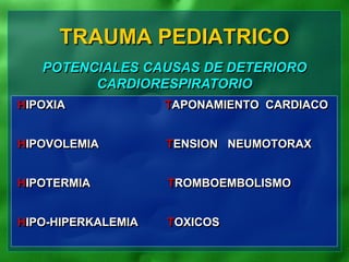 HIPOXIA TAPONAMIENTO CARDIACO
HIPOVOLEMIA TENSION NEUMOTORAX
HIPOTERMIA TROMBOEMBOLISMO
HIPO-HIPERKALEMIA TOXICOS
TRAUMA PEDIATRICO
POTENCIALES CAUSAS DE DETERIORO
CARDIORESPIRATORIO
 