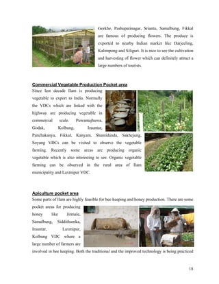 Gorkhe, Pashupatinagar, Sriantu, Samalbung, Fikkal
                                           are famous of producing flowers. The produce is
                                           exported to nearby Indian market like Darjeeling,
                                           Kalimpong and Siliguri. It is nice to see the cultivation
                                           and harvesting of flower which can definitely attract a
                                           large numbers of tourists.



Commercial Vegetable Production Pocket area
Since last decade Ilam is producing
vegetable to export to India. Normally
the VDCs which are linked with the
highway are producing vegetable in
commercial         scale.     Puwamajhuwa,
Godak,             Kolbung,         Irauntar,
Panchakanya, Fikkal, Kanyam, Shantidanda, Sakhejung,
Soyang VDCs can be visited to observe the vegetable
farming.    Recently        some   areas   are   producing   organic
vegetable which is also interesting to see. Organic vegetable
farming can be observed in the rural area of Ilam
municipality and Laxmipur VDC.



Apiculture pocket area
Some parts of Ilam are highly feasible for bee keeping and honey production. There are some
pocket areas for producing
honey       like       Jirmale,
Samalbung,     Siddithumka,
Irauntar,            Laxmipur,
Kolbung VDC where a
large number of farmers are
involved in bee keeping. Both the traditional and the improved technology is being practiced



                                                                                                 18
 
