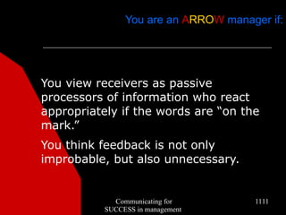 You are an ARROW manager if:




You view receivers as passive
processors of information who react
appropriately if the words are “on the
mark.”
You think feedback is not only
improbable, but also unnecessary.


             Communicating for         1111
           SUCCESS in management
 