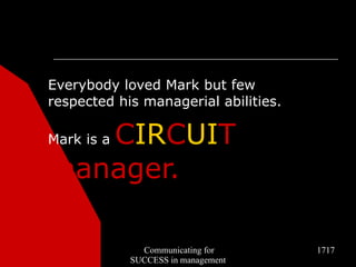 Everybody loved Mark but few
respected his managerial abilities.

   CIRCUIT
Mark is a

manager.

              Communicating for       1717
            SUCCESS in management
 