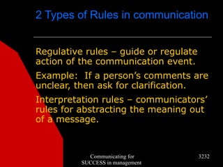 2 Types of Rules in communication


Regulative rules – guide or regulate
action of the communication event.
Example: If a person’s comments are
unclear, then ask for clarification.
Interpretation rules – communicators’
rules for abstracting the meaning out
of a message.



            Communicating for          3232
          SUCCESS in management
 