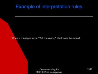 Example of interpretation rules




When a manager says, “Tell me more,” what does he mean?




                     Communicating for                    3333
                   SUCCESS in management
 