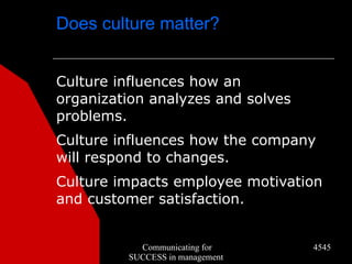 Does culture matter?


Culture influences how an
organization analyzes and solves
problems.
Culture influences how the company
will respond to changes.
Culture impacts employee motivation
and customer satisfaction.


           Communicating for       4545
         SUCCESS in management
 
