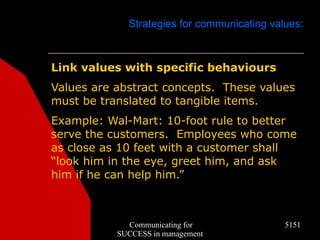 Strategies for communicating values:



Link values with specific behaviours
Values are abstract concepts. These values
must be translated to tangible items.
Example: Wal-Mart: 10-foot rule to better
serve the customers. Employees who come
as close as 10 feet with a customer shall
“look him in the eye, greet him, and ask
him if he can help him.”



             Communicating for               5151
           SUCCESS in management
 