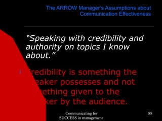 The ARROW Manager’s Assumptions about
                   Communication Effectiveness



    “Speaking with credibility and
    authority on topics I know
    about.”
¡   Credibility is something the
    speaker possesses and not
    something given to the
    speaker by the audience.
               Communicating for             88
             SUCCESS in management
 