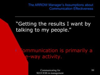 The ARROW Manager’s Assumptions about
                 Communication Effectiveness



“Getting the results I want by
talking to my people.”


¡   Communication is primarily a
    one-way activity.

             Communicating for             99
           SUCCESS in management
 