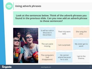 11
www.lingoda.com
Look at the sentences below. Think of the adverb phrases you
found in the previous slide. Can you now add an adverb phrase
to these sentences?
Using adverb phrases
It will be cold in
Moscow in
December.
Their trip went
well.
She sang the
aria.
The cars were
moving.
I am surprised.
My sister got to
work.
The computers
had
disappeared.
He cannot
attend because
he is sick.
I go to the
cinema.
 