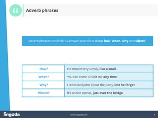 6
www.lingoda.com 6
How? He moved very slowly, like a snail.
When? You can come to visit me any time.
Why? I reminded John about the party, lest he forget.
Where? It’s on the corner, just over the bridge.
Adverb phrases can help us answer questions about how, when, why and where?
Adverb phrases
 