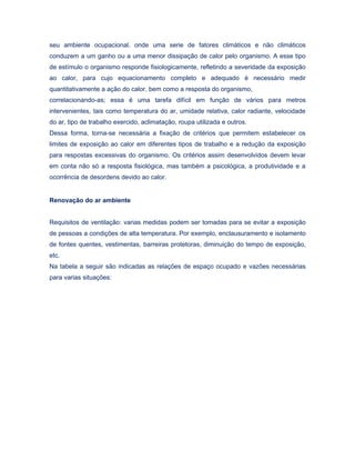 seu ambiente ocupacional, onde uma serie de fatores climáticos e não climáticos
conduzem a um ganho ou a uma menor dissipação de calor pelo organismo. A esse tipo
de estímulo o organismo responde fisiologicamente, refletindo a severidade da exposição
ao calor, para cujo equacionamento completo e adequado é necessário medir
quantitativamente a ação do calor, bem como a resposta do organismo,
correlacionando-as; essa é uma tarefa difícil em função de vários para metros
intervenientes, tais como temperatura do ar, umidade relativa, calor radiante, velocidade
do ar, tipo de trabalho exercido, aclimatação, roupa utilizada e outros.
Dessa forma, torna-se necessária a fixação de critérios que permitem estabelecer os
limites de exposição ao calor em diferentes tipos de trabalho e a redução da exposição
para respostas excessivas do organismo. Os critérios assim desenvolvidos devem levar
em conta não só a resposta fisiológica, mas também a psicológica, a produtividade e a
ocorrência de desordens devido ao calor.
Renovação do ar ambiente
Requisitos de ventilação: varias medidas podem ser tomadas para se evitar a exposição
de pessoas a condições de alta temperatura. Por exemplo, enclausuramento e isolamento
de fontes quentes, vestimentas, barreiras protetoras, diminuição do tempo de exposição,
etc.
Na tabela a seguir são indicadas as relações de espaço ocupado e vazões necessárias
para varias situações:
 