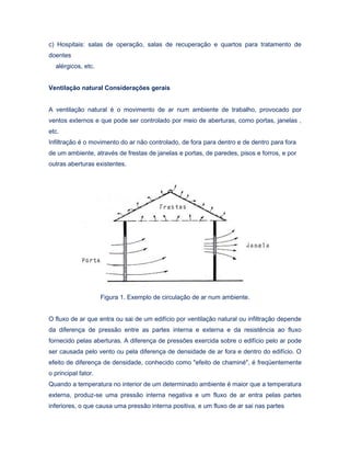 c) Hospitais: salas de operação, salas de recuperação e quartos para tratamento de
doentes
alérgicos, etc.
Ventilação natural Considerações gerais
A ventilação natural é o movimento de ar num ambiente de trabalho, provocado por
ventos externos e que pode ser controlado por meio de aberturas, como portas, janelas ,
etc.
Infiltração é o movimento do ar não controlado, de fora para dentro e de dentro para fora
de um ambiente, através de frestas de janelas e portas, de paredes, pisos e forros, e por
outras aberturas existentes.
Figura 1. Exemplo de circulação de ar num ambiente.
O fluxo de ar que entra ou sai de um edifício por ventilação natural ou infiltração depende
da diferença de pressão entre as partes interna e externa e da resistência ao fluxo
fornecido pelas aberturas. A diferença de pressões exercida sobre o edifício pelo ar pode
ser causada pelo vento ou pela diferença de densidade de ar fora e dentro do edifício. O
efeito de diferença de densidade, conhecido como "efeito de chaminé", é freqüentemente
o principal fator.
Quando a temperatura no interior de um determinado ambiente é maior que a temperatura
externa, produz-se uma pressão interna negativa e um fluxo de ar entra pelas partes
inferiores, o que causa uma pressão interna positiva, e um fluxo de ar sai nas partes
 