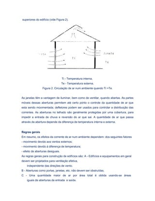 superiores do edifício (vide Figura 2).
Ti - Temperatura interna,
Te - Temperatura externa.
Figura 2. Circulação de ar num ambiente quando Ti >Te.
As janelas têm a vantagem de iluminar, bem como de ventilar, quando abertas. As partes
móveis dessas aberturas permitem até certo ponto o controle da quantidade de ar que
esta sendo movimentada; defletores podem ser usados para controlar a distribuição das
correntes. As aberturas no telhado são geralmente protegidas por uma cobertura, para
impedir a entrada de chuva e reversão do ar que sai. A quantidade de ar que passa
através da abertura depende da diferença de temperatura interna e externa.
Regras gerais
Em resumo, os efeitos da corrente de ar num ambiente dependem: dos seguintes fatores
- movimento devido aos ventos externos;
- movimento devido á diferença de temperatura;
- efeito de aberturas desiguais.
As regras gerais para construção de edifícios são: A - Edifícios e equipamentos em geral
devem ser projetados para ventilação efetiva,
independente das direções de vento.
B - Aberturas como portas, janelas, etc. não devem ser obstruídas.
C - Uma quantidade maior de ar por área total é obtida usando-se áreas
iguais de aberturas de entrada e saída.
 