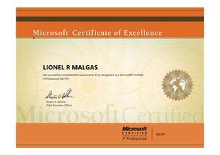 Steven A. Ballmer
Chief Executive Ofﬁcer
LIONEL R MALGAS
Has successfully completed the requirements to be recognized as a Microsoft® Certified
IT Professional (MCITP)
MCITP
 