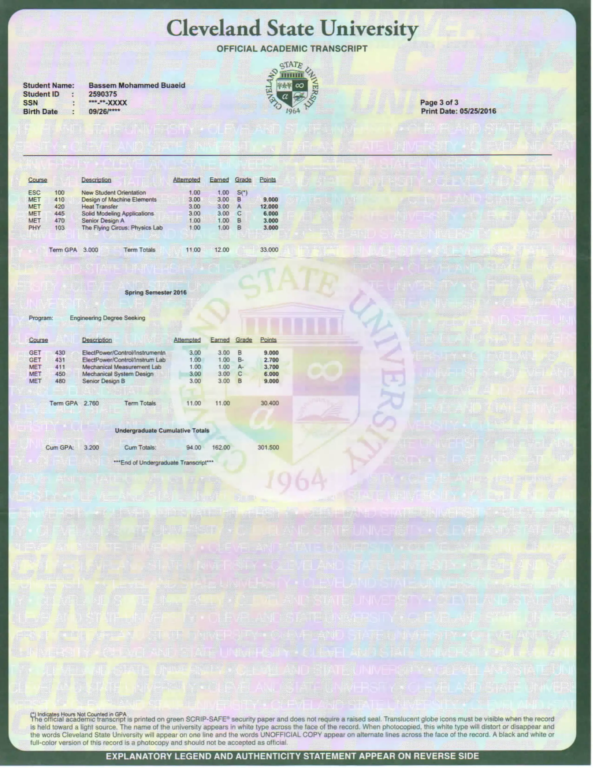 univeristy transcript