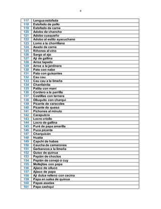 4
117 Lengua estofada
118 Estofado de pollo
119 Estofado de carne
120 Adobo de chancho
121 Adobo cusqueño
122 Adobo al estilo ayacuchano
123 Lomo a la chorrillana
124 Asado de carne
125 Riñones al vino
126 Sargo al ajo
127 Aji de gallina
128 Arroz tapado
129 Arroz a la jardinera
130 Pato con nabo
131 Pato con guisantes
132 Cau cau
133 Cau cau a la limeña
134 Chanfainita
135 Patita con maní
136 Cordero a la parrilla
137 Costillas con ternera
138 Olluquito con charqui
139 Picante de caracoles
140 Picante de queso
141 Pichones al minuto
142 Carapulcra
143 Locro criollo
144 Locro de gallina
145 Puré de papa amarilla
146 Puca picante
147 Charquicán
148 Huatia
149 Capchi de habas
150 Cauche de camarones
151 Garbanzos a la limeña
152 Guiso de quinua
153 Pepián de choclos
154 Pepián de conejo o cuy
155 Mollejitas con papa
156 Ajiaco de olluco
157 Ajiaco de papa
158 Aji dulce relleno con cecina
159 Papa en salsa de quinua
160 Papas asadas
161 Papa cashqui
 