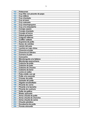 5
162 Patacones
163 Cuy frito con picante de papa
164 Cuy relleno
165 Cuy chactado
166 Cuy al maní
167 Cuy colorado
168 Cuy chachapoyano
169 Cuy a la arequipeña
170 Conejo casero
171 Conejo chactado
172 Conejo al horno
173 Habas guisadas
174 Caiguas rellenas
175 Coliflor saltada
176 Suprema de pollo
177 Guiso de vainitas
178 Jamón del país
179 Lechón en caja china
180 Chancho al palo
181 Chancho al cilindro
182 Carnero al palo
183 Cancacho
184 Mondonguito a la italiana
185 Mondongo ayacuchano
186 Cebiche de pollo
187 Cebiche de pato
188 Cebiche de chocho
189 Cebiche de tarwi
190 Lomo en salsa
191 Pato criollo con ají
192 Pollo a la cacerola
193 Fricase de pollo
194 Guisado de pollo
195 Hígado encebollado
196 Picante de carne
197 Picante a la tacneña
198 Picante de cushuro
199 Safta de gallina
200 Bistec apanado
201 Arroz chaufa de pollo
202 Arroz chaufa de chancho
203 Arroz chaufa de carne
204 Chaufa selvático
205 Escabeche de pollo
206 Poroto shirumbi
 