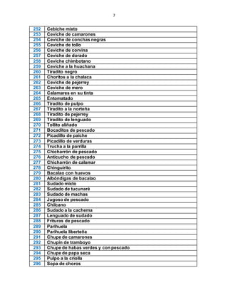 7
252 Cebiche mixto
253 Ceviche de camarones
254 Ceviche de conchas negras
255 Ceviche de tollo
256 Ceviche de corvina
257 Ceviche de dorado
258 Ceviche chimbotano
259 Ceviche a la huachana
260 Tiradito negro
261 Choritos a la chalaca
262 Ceviche de pejerrey
263 Ceviche de mero
264 Calamares en su tinta
265 Entomatado
266 Tiradito de pulpo
267 Tiradito a la norteña
268 Tiradito de pejerrey
269 Tiradito de lenguado
270 Tollito aliñado
271 Bocaditos de pescado
272 Picadillo de paiche
273 Picadillo de verduras
274 Trucha a la parrilla
275 Chicharrón de pescado
276 Anticucho de pescado
277 Chicharrón de calamar
278 Chinguirito
279 Bacalao con huevos
280 Albóndigas de bacalao
281 Sudado mixto
282 Sudado de tucunaré
283 Sudado de machas
284 Jugoso de pescado
285 Chilcano
286 Sudado a la cachema
287 Lenguado de sudado
288 Frituras de pescado
289 Parihuela
290 Parihuela liberteña
291 Chupe de camarones
292 Chupín de tramboyo
293 Chupe de habas verdes y con pescado
294 Chupe de papa seca
295 Pulpo a la criolla
296 Sopa de choros
 