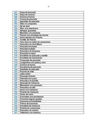 8
297 Sopa de pescado
298 Sopa de caracol
299 Choros al horno
300 Crema de pescado
301 Aguadito de pescado
302 Atún en croquetas
303 Ají de atún
304 Atún a la americana
305 Almejas guisadas
306 Machitas a la pimienta
307 Paiche con ensalada de chonta
308 Arroz tapado con Paiche
309 Tortilla de Paiche
310 Tacu tacu en salsa de camarones
311 Pescado a la chorrillana
312 Pescado ahumado
313 Pescado sudado
314 Pescado a la duquesa
315 Pescado al vapor
316 Enrollado de pescado y tortilla
317 Enrollado de camarones
318 Croquetas de pescado
319 Langostino con pasta y vino
320 Corvina al horno
321 Escabeche de pescado
322 Estofado de pescado
323 Picante de tollo
324 Jalea mixta
325 Pescado al limón
326 Pescado con yuyo
327 Pescado a la parrilla
328 Zarzuela de mariscos
329 Menestrón con pescado
330 Pescado a la olla
331 Arroz con mariscos
332 Picante de mariscos
333 Guiso de mero
334 Conchitas a la parmesana
335 Conchas negras asadas
336 Hueveras encebolladas
337 Fritura de hueveras
338 Ensalada de mariscos
339 Picante de camarones
340 Pescado a lo macho
341 Tallarines con merluza
 