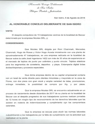 389-HCD-2018 Proy. de Resolución: manifestando solidaridad con los 15 despedidos por la empresa textil Nicotex SRL