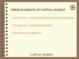 CAPITAL MARKET
THREE ELEMENTS OF CAPITAL MARKETTHREE ELEMENTS OF CAPITAL MARKET
FINANCIAL ASSETS/INSTRUMENTS/SECURITIES
FINANCIAL INTERMEDIARIES
FINANCIAL MARKETS
 