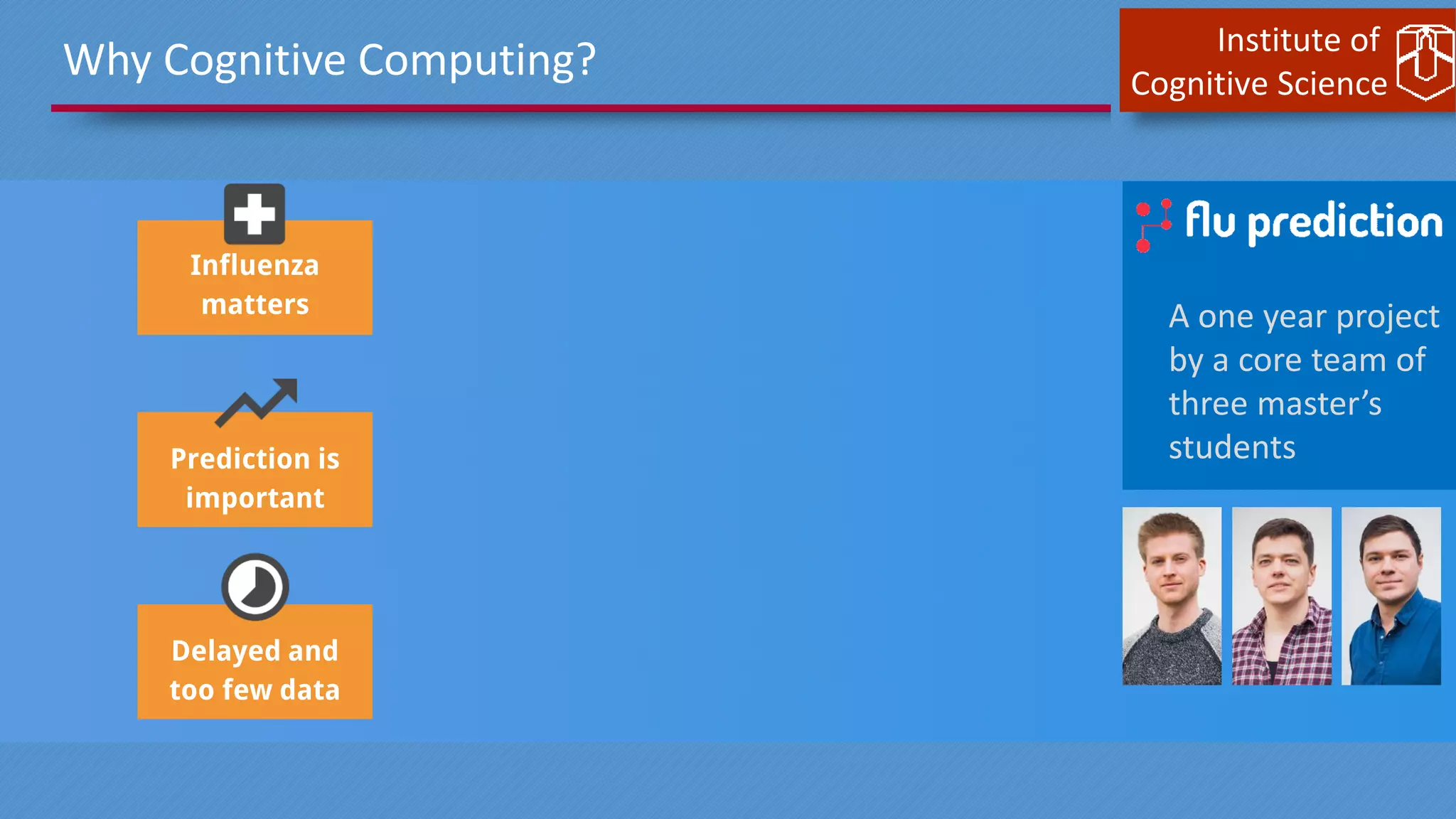 Institute of
Cognitive Science
Influenza
matters
Prediction is
important
Delayed and
too few data
Why Cognitive Computing?
A one year project
by a core team of
three master’s
students
 