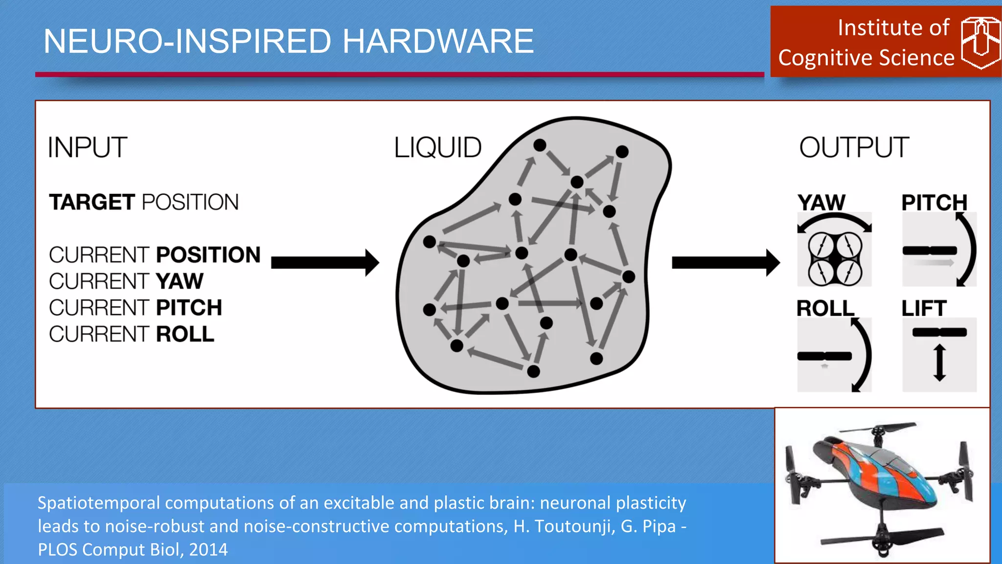 Institute of
Cognitive ScienceNEURO-INSPIRED HARDWARE
Spatiotemporal computations of an excitable and plastic brain: neuronal plasticity
leads to noise-robust and noise-constructive computations, H. Toutounji, G. Pipa -
PLOS Comput Biol, 2014
 
