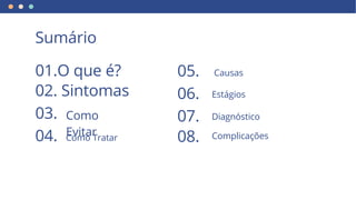 Sumário
01.O que é?
02. Sintomas
03.
04.
05.
06.
07.
08.
Como Tratar
Estágios
Diagnóstico
Complicações
Como
Evitar
Causas
 
